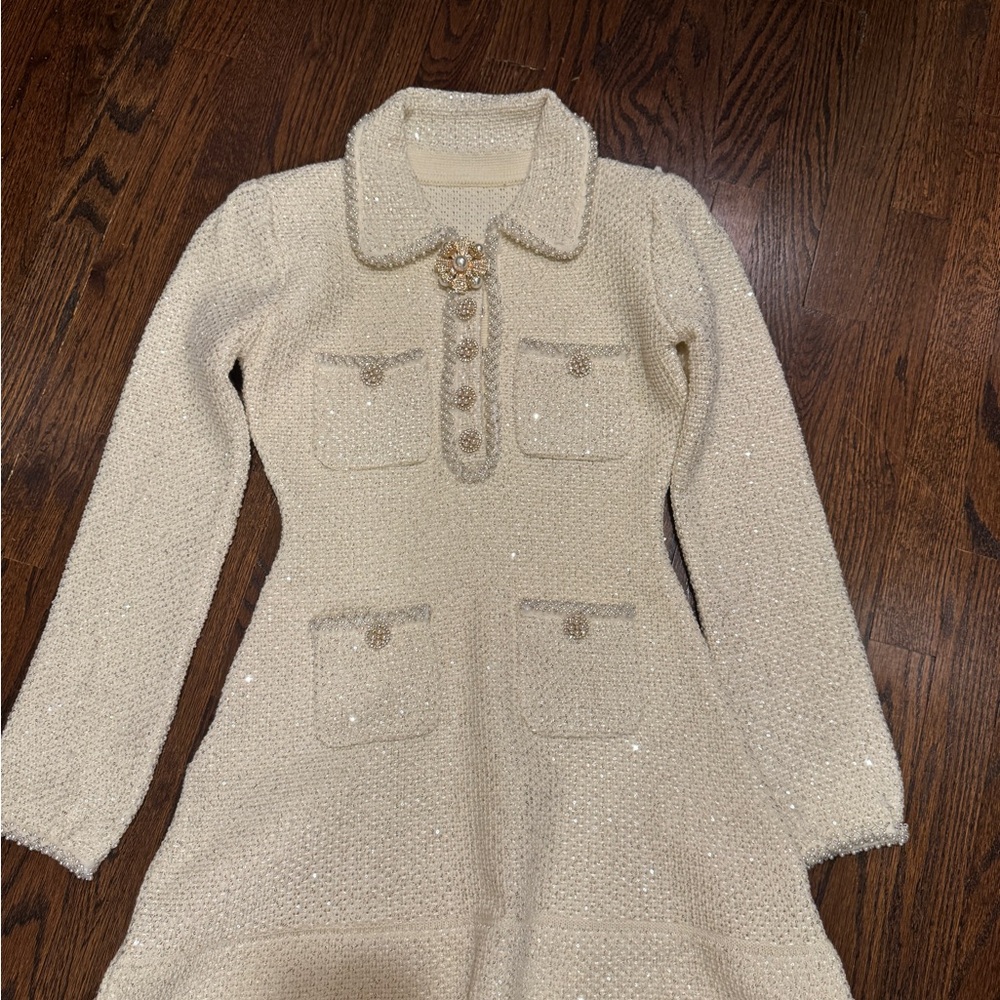 self-portrait
Cream Sequin Knit Pearl Mini Dress 2 - Picture 2 of 7